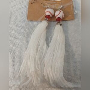 NWT Handcrafted White and Red Softball Tassel Earrings